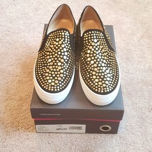 Black suede and gold studded vince camuto sneakers